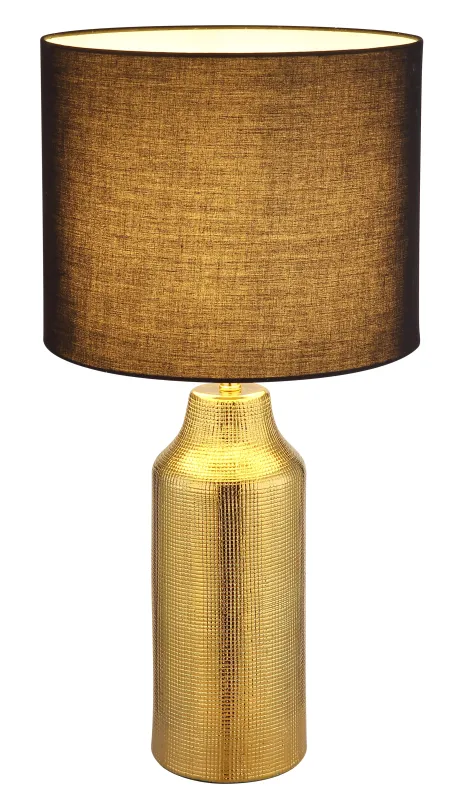 Elden 60cm Gold tischlampe Von Globo Lighting - Den guldf&auml;rgade keramiska basen i kombination med den svarta cylindriska textilsk&auml;rmen skapar en sofistikerad kontrast och blir en stilfull inredningsdetalj.