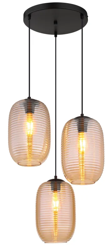 Jefrey Ø47 Bernstein hängelampe Von Globo Lighting - Denna eleganta taklampa har en rund form och &auml;r utrustad med tre rundade glaskupor i varm b&auml;rnstensf&auml;rg.