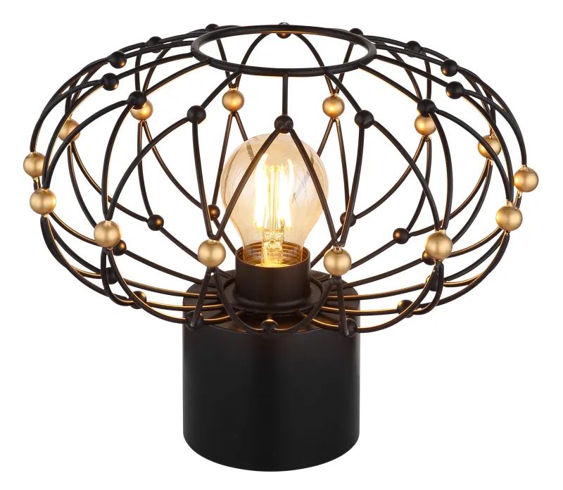 Greys 25cm Schwarz tischlampe Von Globo Lighting - Den runda metallsk&auml;rmen i mattsvart med dekorativa guldf&auml;rgade detaljer ger lampan ett sofistikerat uttryck och blir ett stilfullt inslag i hemmet.