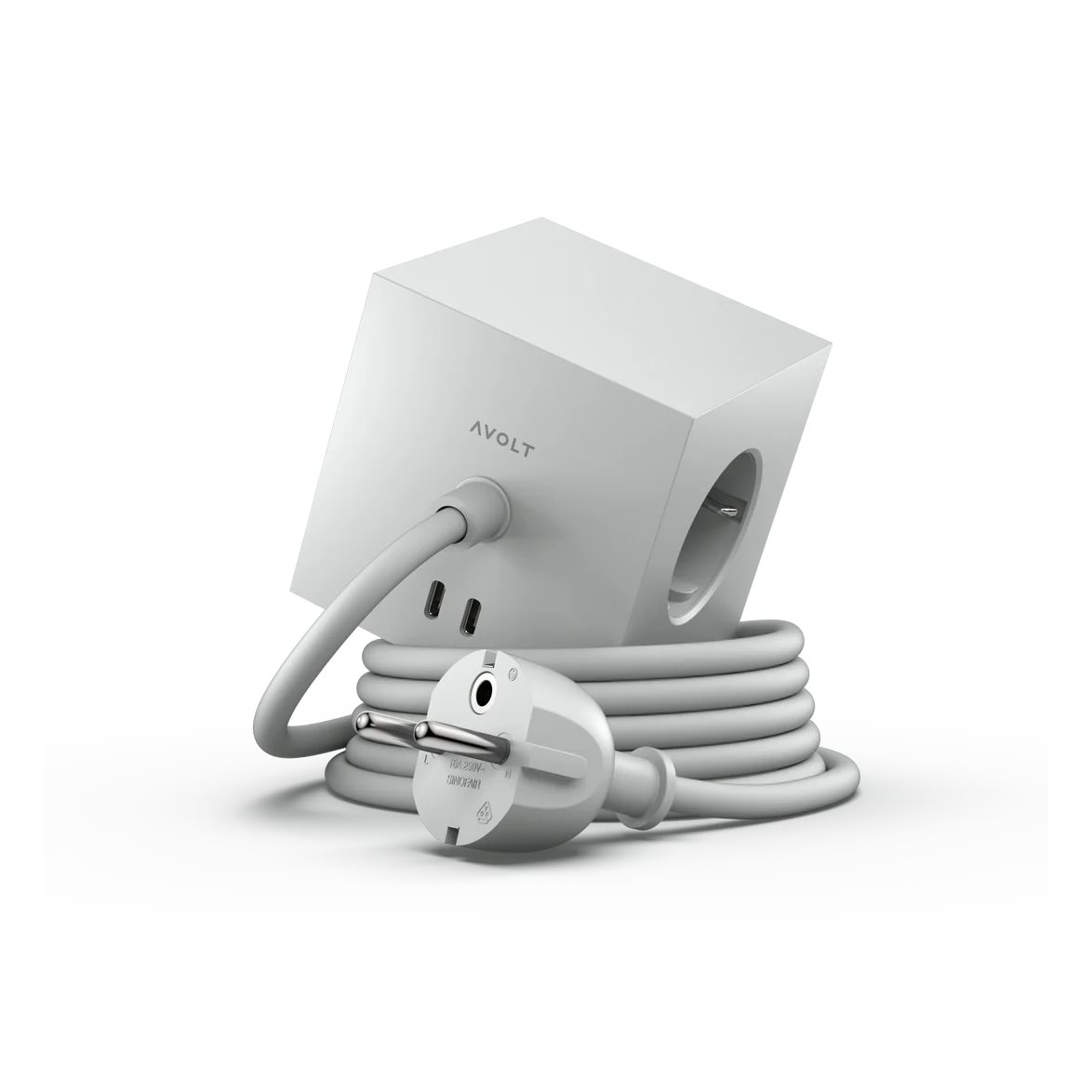Square 1 with 30W Dual USBC & Magnetic base, 3m Grau Von Avolt - Steckdosenleiste von Avolt im stylischen Design mit langem PVC-Kabel, einem W&uuml;rfel aus recyceltem Kunststoff und einer Magnetplatte an der Unterseite zum Aufh&auml;ngen an der Wand.