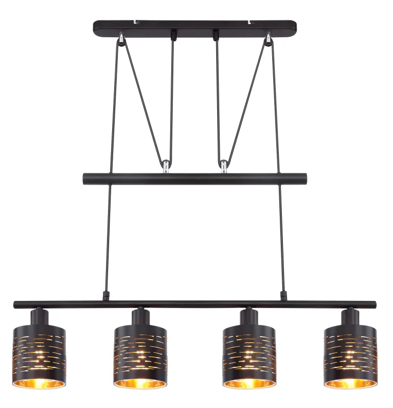 Tunno 70cm Schwarz hängelampe Von Globo Lighting - Perfekt f&ouml;r k&ouml;k eller vardagsrum, d&auml;r dess dekorativa utsk&auml;rningar, form och guldf&auml;rgade insida skapar en varm och inbjudande atmosf&auml;r.