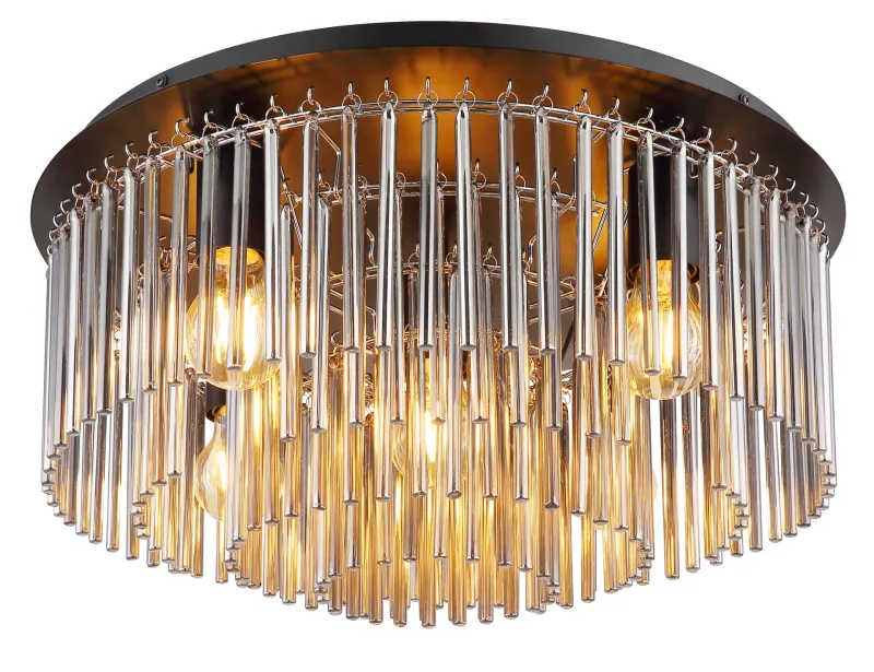 Gorley Ø50 Rauchfarben deckenleuchte Von Globo Lighting - Dess design imponerar med en stilfull kombination av mattsvart metall, gl&auml;nsande krom och r&ouml;kf&auml;rgade glasstavar.
