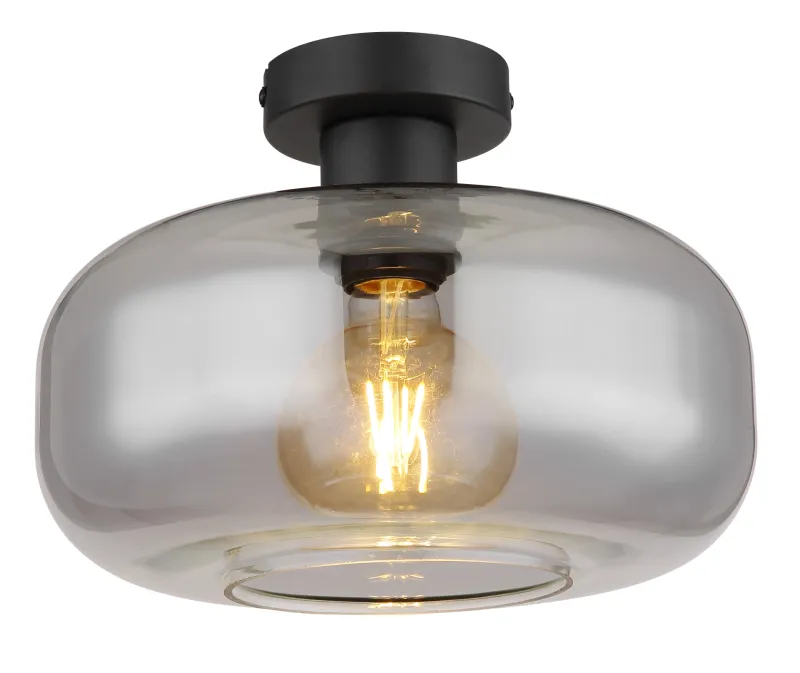Giuseppe Ø28 Rauchfarben deckenleuchte Von Globo Lighting - Lampan &auml;r tillverkad av mattsvart metall och &auml;r smyckad med en vackert formad glaskupa i r&ouml;kf&auml;rgat glas.