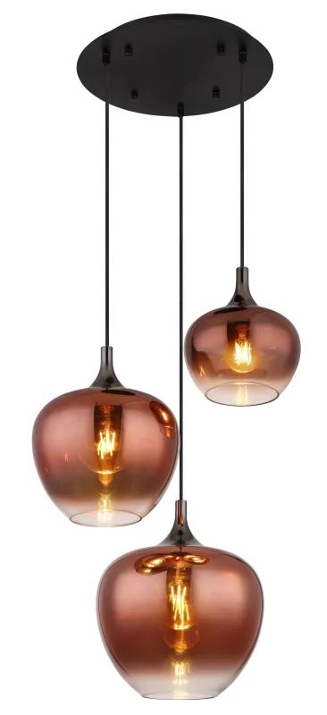Maxy Ø48 Kupfer hängelampe Von Globo Lighting - Den mattsvarta och krompl&auml;terade metallstommen ger lampan en modern och sofistikerad look, medan de kopparf&auml;rgade glaskuporna med en klar och tonad gradient skapar en unik ljusupplevelse.