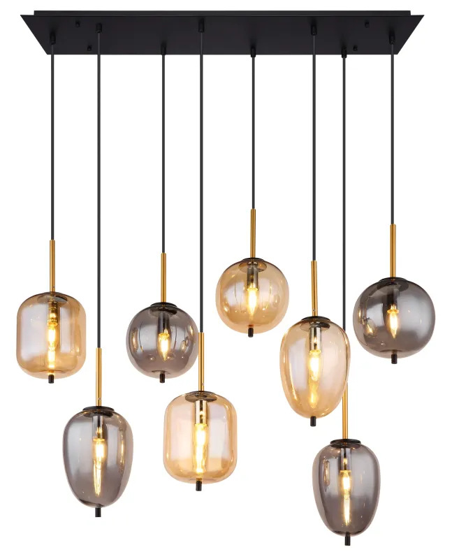 Blacky 102cm Bernstein hängelampe Von Globo Lighting - De &aring;tta r&ouml;k- och amberf&auml;rgade glasgloberna i olika former h&auml;nger fr&aring;n en svart, rektangul&auml;r takplatta och kan justeras upp till 120 cm fr&aring;n taket.