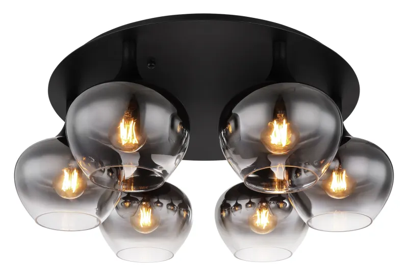 Maxy Ø65 Rauchfarben deckenleuchte Von Globo Lighting - P&aring; en rund takplatta av matttsvart metall sitter sex vackert formade r&ouml;kf&auml;rgade glaskupor.