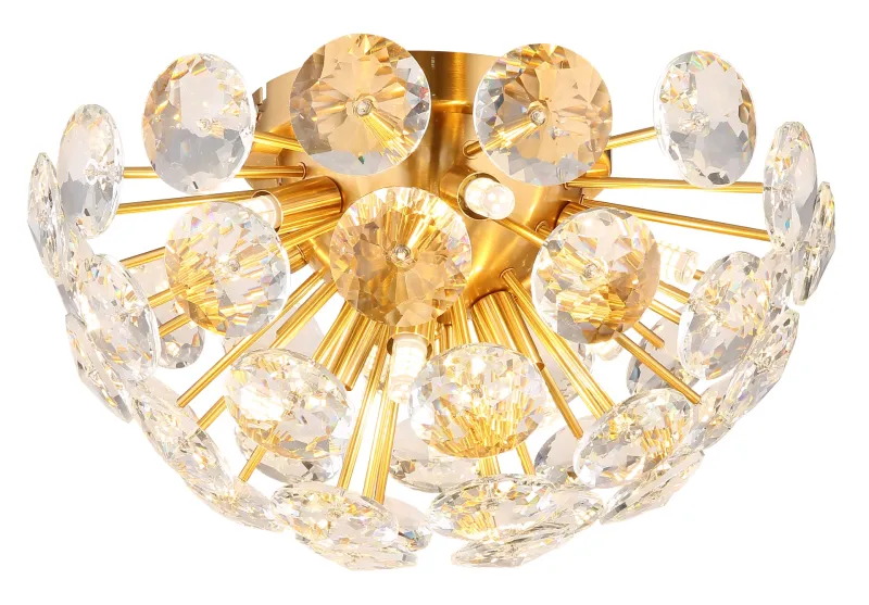 Virina Ø40 Gold deckenleuchte Von Globo Lighting - Dess eleganta design kombinerar en gyllene metallkropp med en sk&auml;rm av klara kristaller, vilket ger en lyxig och sofistikerad k&auml;nsla till ditt hem.