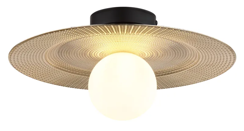 Riga Ø33 Gold deckenleuchte Von Globo Lighting - Lampan &auml;r tillverkad av mattsvart metall och den platta sk&auml;rmen i plast med nyanser av svart, guld och opal ger den en modern och sofistikerad design.