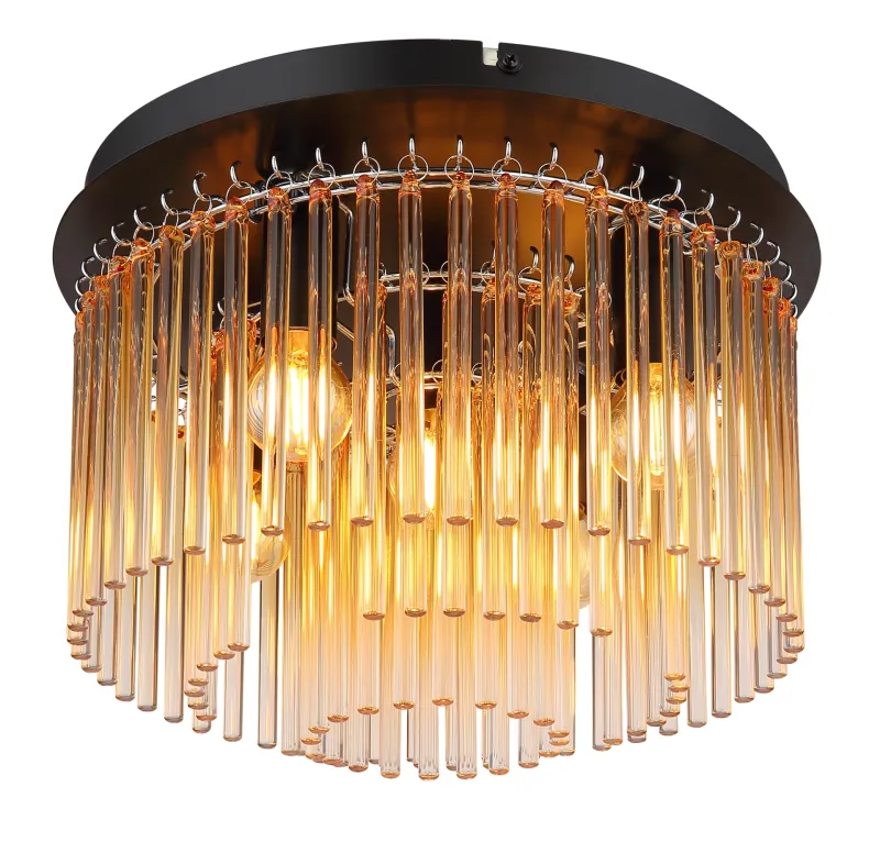 Gorley Ø32 Bernstein deckenleuchte Von Globo Lighting - Dess design imponerar med en stilfull kombination av mattsvart metall och dekorativa stavar i klart och amberf&auml;rgat glas.