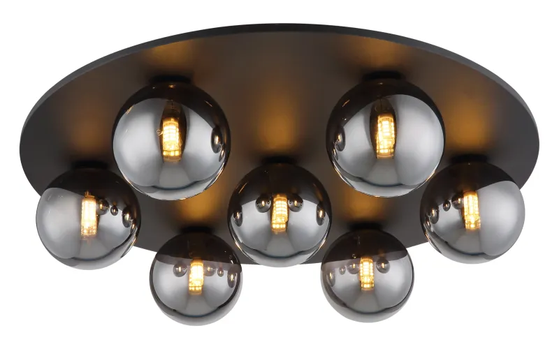 Riha Ø60 Rauchfarben deckenleuchte Von Globo Lighting - Den mattsvarta metallen i kombination med 7st r&ouml;kf&auml;rgade glas ger ett sofistikerat uttryck och passar perfekt in i olika inredningsstilar.