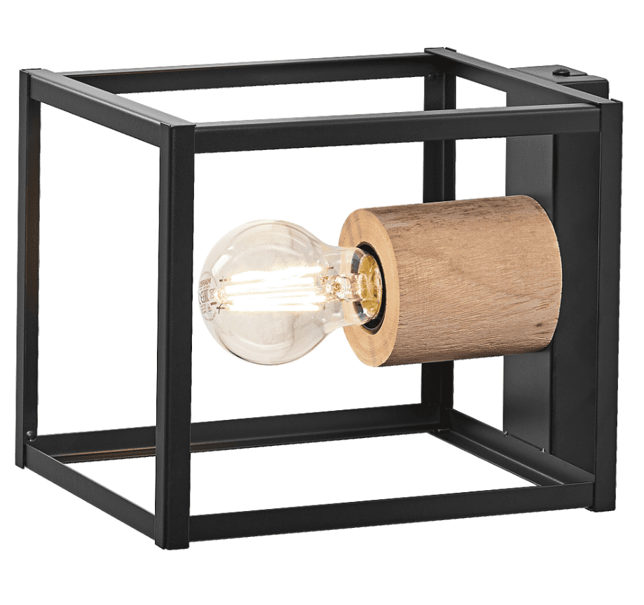 Nairobi 22cm Schwarz wandlampe Von Ledvance - Der offene Metallrahmen in Schwarz erzeugt einen luftigen und industriellen Look, während das elegante Holzdetail einen warmen und natürlichen Kontrast bietet.