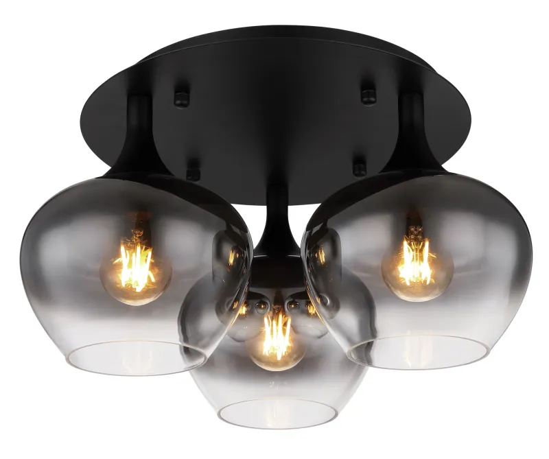 Maxy Ø45 Rauchfarben deckenleuchte Von Globo Lighting - P&aring; en rund takplatta av matttsvart metall sitter tre vackert formade r&ouml;kf&auml;rgade glaskupor.
