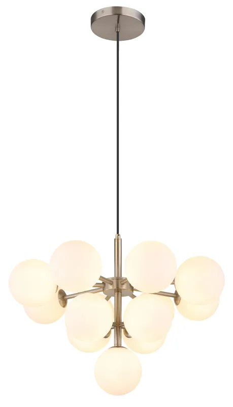 Grappy Ø56 Nickel hängelampe Von Globo Lighting - Grappy taklampa blir en stilfull och lyxig detalj i varje rum med sin glamor&ouml;sa design och de 13st opalf&auml;rgade&nbsp;glaskulorna.