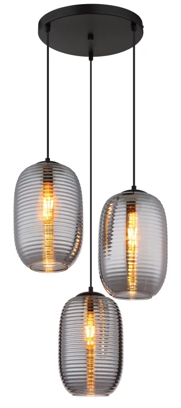 Jefrey Ø47 Rauchfarben hängelampe Von Globo Lighting - Denna eleganta taklampa har en rund form och &auml;r utrustad med tre rundade kupor i r&ouml;kf&auml;rgat glas.
