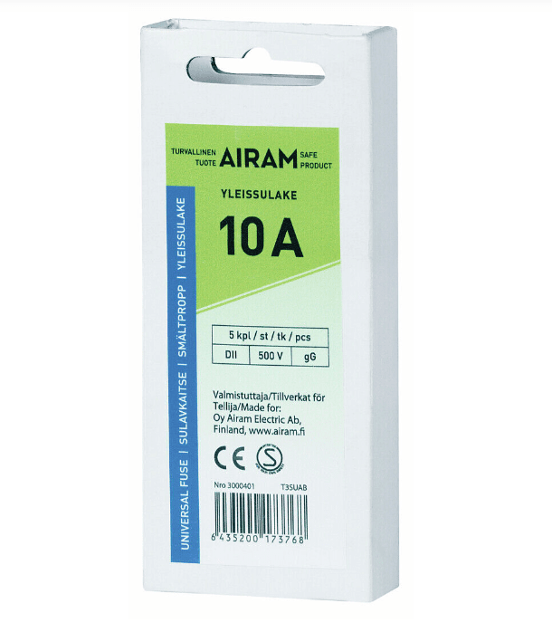 Sicherung 10A 5er-Pack Von Airam - Die Sicherung ist eine Schutzvorrichtung im Stromkreis, die den Benutzer vor Unf&auml;llen und das elektrische Ger&auml;t vor Spannungsspitzen und &Uuml;berhitzung sch&uuml;tzt.
