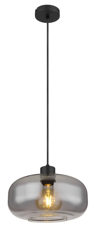 Giuseppe Ø28 Rauchfarben hängelampe Von Globo Lighting - Lampan &auml;r tillverkad av svart metall och har en vackert formad r&ouml;kf&auml;rgad glassk&auml;rm.