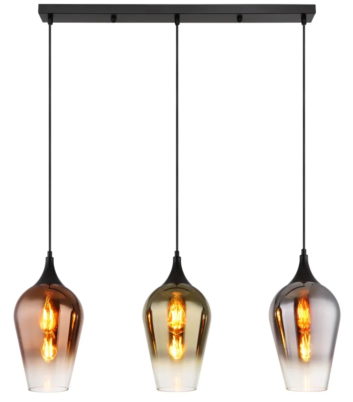Lavus 83cm Schwarz hängelampe Von Globo Lighting - Lavus &auml;r en elegant taklampa med tre dekorativa glaskupor i koppar-, guld- och kromfinish, vilket ger lampan en modern och stilfull karakt&auml;r.