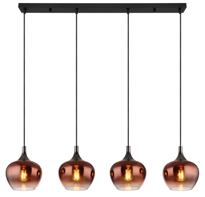 Maxy 100cm Kupfer hängelampe Von Globo Lighting - Den mattsvarta och krompl&auml;terade metallstommen ger lampan en modern och sofistikerad look, medan de kopparf&auml;rgade glaskuporna med en klar och tonad gradient skapar en unik ljusupplevelse.
