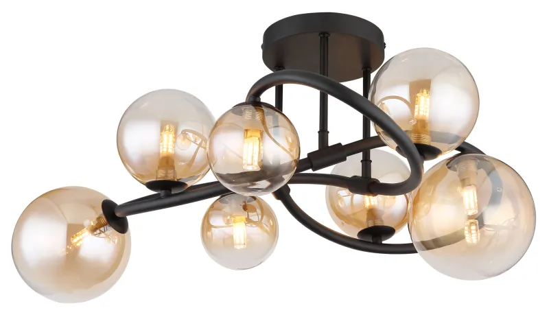 Tuberius Ø62 Bernstein deckenleuchte Von Globo Lighting - Lampan &auml;r tillverkad av mattsvart metall och &auml;r smyckad med 7st glas i en&nbsp;mjuk b&auml;rnstensf&auml;rgad ton, vilket skapar en st&auml;mningsfull ljusspridning.