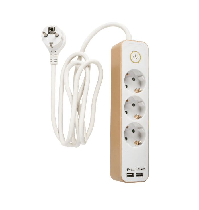3-Fach Steckdosenleiste Von Airam - 3-fach Steckdosenleiste mit goldfarbenem Geh&auml;use und Ein-/Aus-Druckknopfschalter, zwei USB-Anschl&uuml;sse, max.