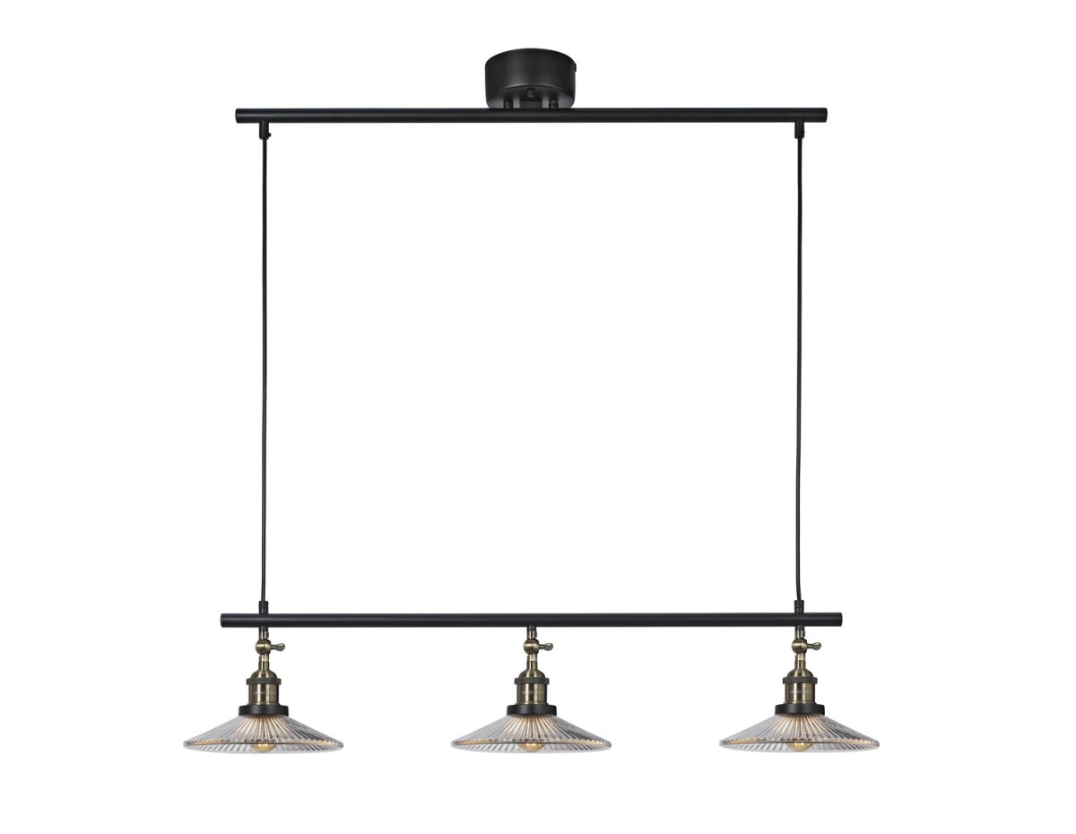 Cobble 82cm Schwarz hängelampe Von Cottex - Aus Metall in Antikmessing und Schwarz-Finish mit drei plissierten Klarglasschirmen, die für ein einzigartiges Lichtspiel sorgen.