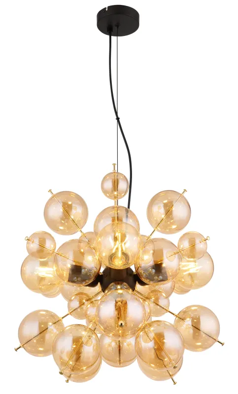 Udo Ø50 Bernstein hängelampe Von Globo Lighting - Lampans sk&auml;rm best&aring;r av vackra glasklot i en varm b&auml;rnstensf&auml;rg, vilket skapar en mjuk och inbjudande ljusst&auml;mning med ett bl&auml;ndfritt, harmoniskt sken.