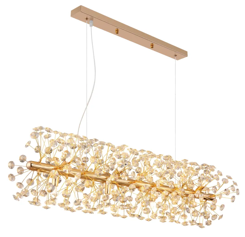 Katrina 90cm Gold kristall Von Globo Lighting - Katrina ist ein eleganter, rechteckiger Kristalllüster aus goldfarbenem Metall mit funkelnden K9-Kristallen, der Ihrem Zuhause eine anspruchsvolle und luxuriöse Atmosphäre verleiht.