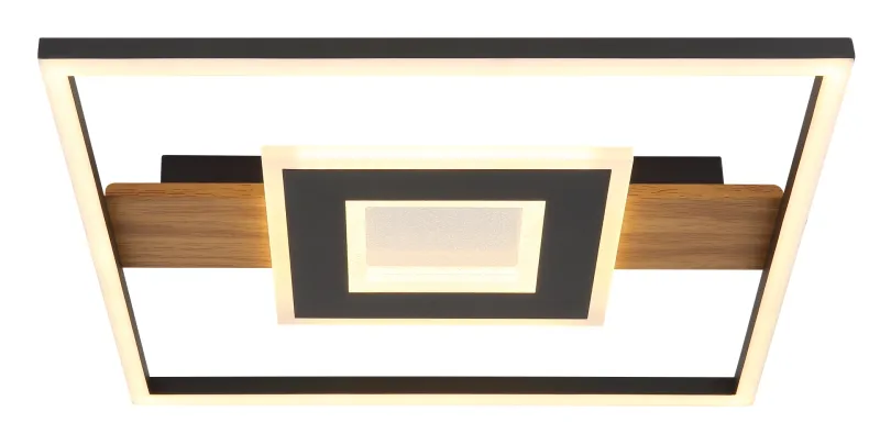 Pikara 38cm Holz deckenleuchte Von Globo Lighting - Lampan &auml;r tillverkad i en stilfull kombination av metall i tr&auml;look och en mattsvart finish, vilket ger den en modern men samtidigt naturlig k&auml;nsla.