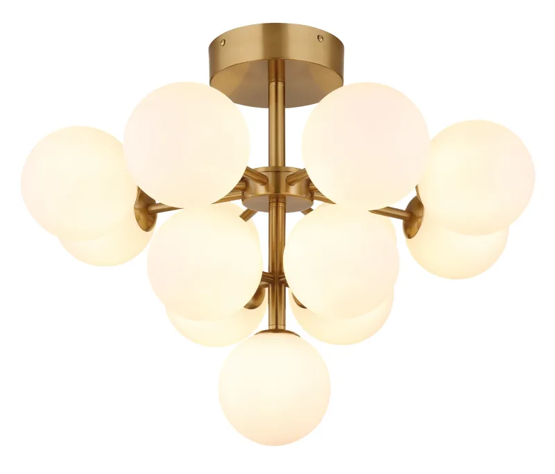 Grappy Ø56 Gold deckenleuchte Von Globo Lighting - Grappy plafond i guldf&auml;rgad metall blir en stilfull och lyxig detalj i varje rum med sin glamor&ouml;sa design och de 13st opalf&auml;rgade glaskulorna.