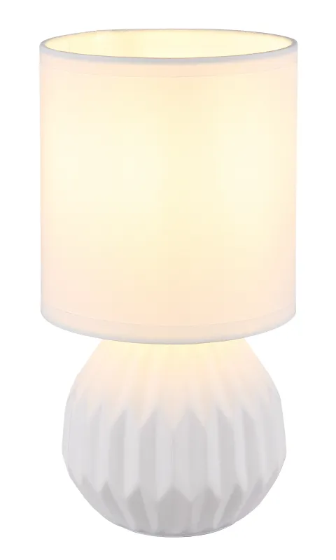 Sylas 23cm Weiß tischlampe Von Globo Lighting - Den rundade keramiska basen i elegant vitt och den matchande cylindriska textilsk&auml;rmen skapar en harmonisk och modern estetik.