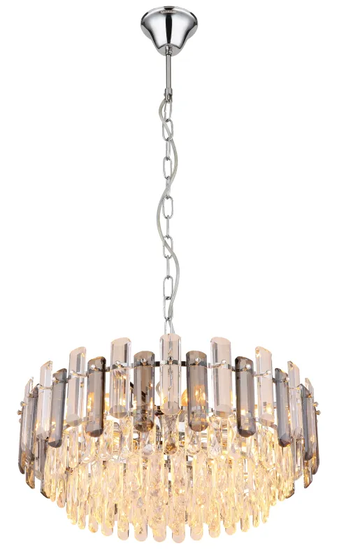 Orgina Ø60 Rauchfarben kristall Von Globo Lighting - Takkronan Orgina tillf&ouml;r rummet en lyxig k&auml;nsla med gnistrande kristaller och r&ouml;kf&auml;rgade glasstavar.