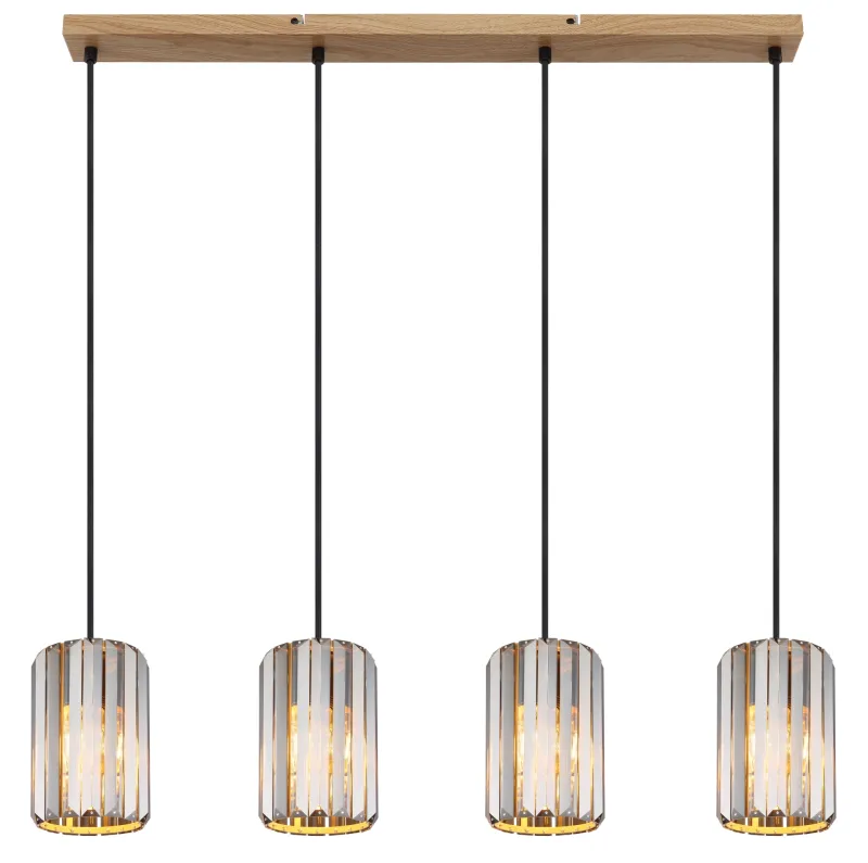 Run 88cm Rauchfarben hängelampe Von Globo Lighting - Kombinationen av metall i tr&auml;utseende och de fyra sk&auml;rmarna med r&ouml;kf&auml;rgade K5-kristaller ger en harmonisk ljusspridning och en sofistikerad k&auml;nsla.