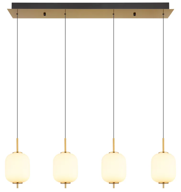 Ewald 95cm Messing hängelampe Von Globo Lighting - &nbsp;Lampan &auml;r tillverkad av en exklusiv kombination av m&auml;ssing, mattsvart metall och opalglas, vilket ger en sofistikerad och harmonisk k&auml;nsla.