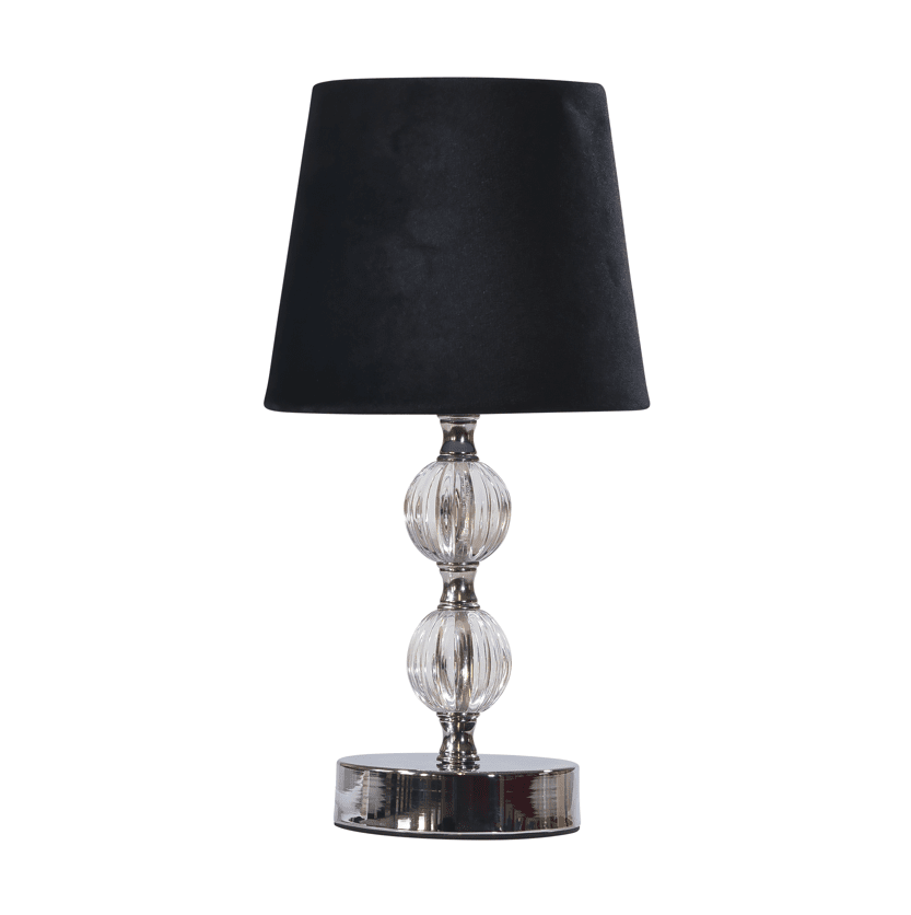 Karin 30cm Schwarz tischlampe Von Pixie Design - Der Sockel aus Glas und Metall der Lampe erzeugt einen stilvollen Eindruck, während der schwarze Textilschirm für einen klassischen und luxuriösen Ausdruck sorgt.