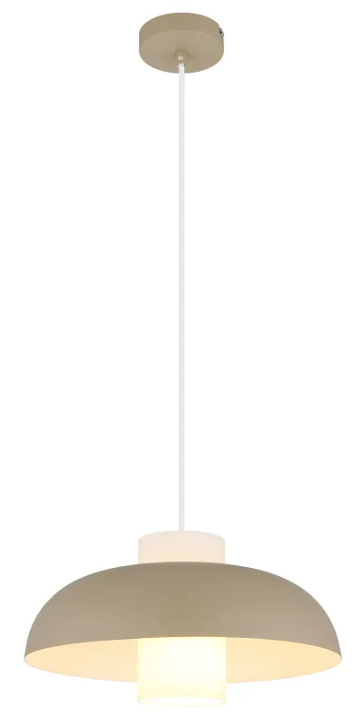 Lowe Ø38 Sand hängelampe Von Globo Lighting - Den runda sk&auml;rmen i matt sandf&auml;rgad metall ger ett elegant och tidl&ouml;st uttryck, medan den cylinderformade sk&auml;rmen i opalglas sprider ett mjukt och behagligt ljus.