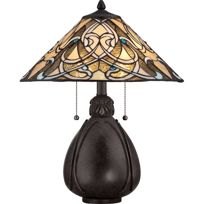 India 50cm Mehrfarbig Von Elstead Lighting - Die Lampe ruht auf einem klassischen Sockel in Bronzeoptik, der ihren zeitlosen Charme und ihre Eleganz unterstreicht.