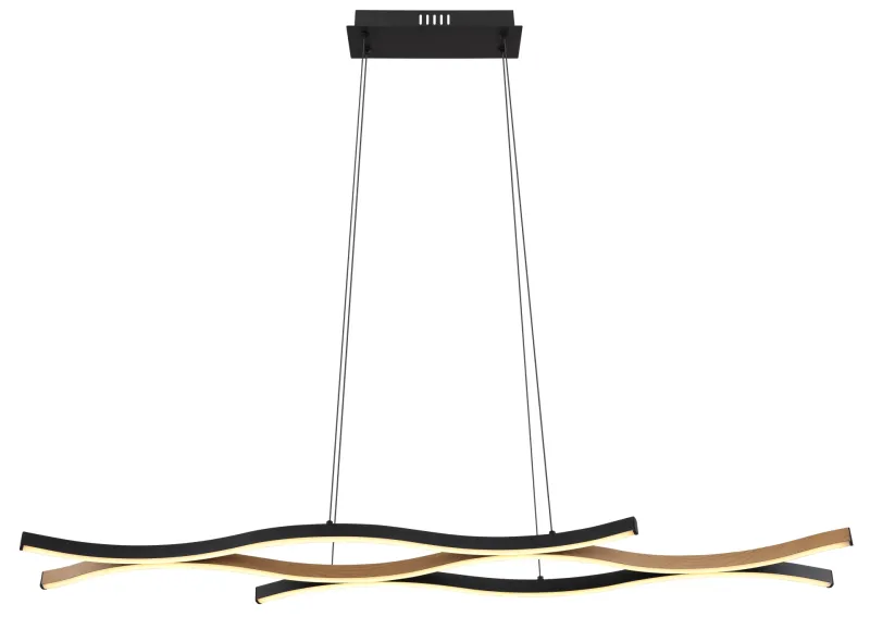 Geronimo 108cm Natur hängelampe Von Globo Lighting - Den mattsvarta metall- och aluminiumstommen, kompletterad med tr&auml;liknande dekorationer och en opalf&auml;rgad plastsk&auml;rm, ger en stilren och harmonisk estetik.