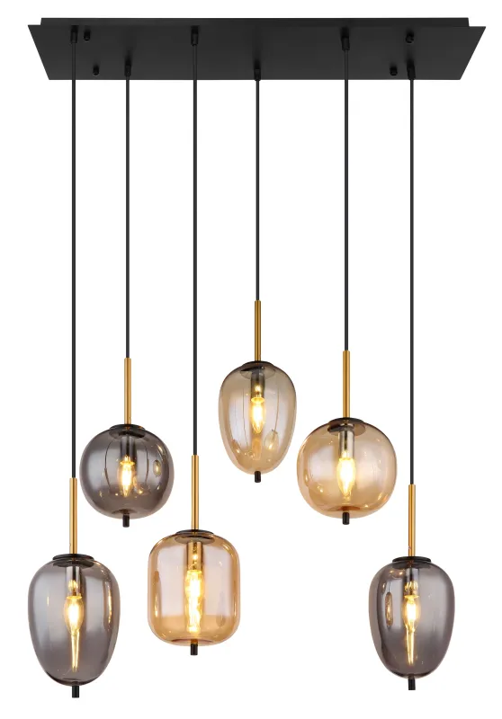 Blacky 80cm Bernstein hängelampe Von Globo Lighting - De sex r&ouml;k- och amberf&auml;rgade glasgloberna i olika former h&auml;nger fr&aring;n en svart, rektangul&auml;r takplatta och kan justeras upp till 120 cm fr&aring;n taket.