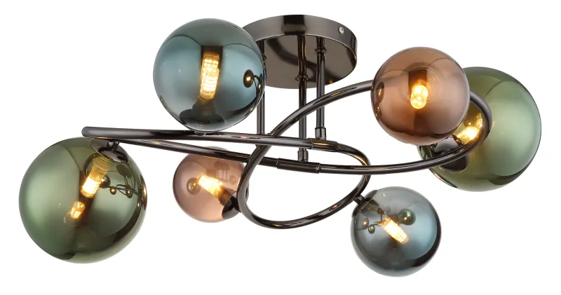 Riha Ø65 Mehrfarbig deckenleuchte Von Globo Lighting - De olika glaskulorna i brons, gr&ouml;nt och petrol ger lampan en dynamisk och lekfull karakt&auml;r samtidigt som de skapar en visuellt intressant ljusbild.