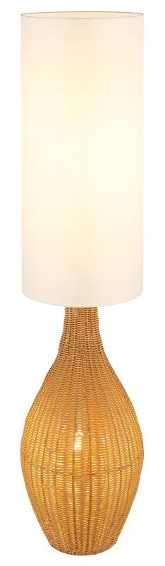 Anko Braun stehlampe Von Globo Lighting - Den rundade designen i plast med en dekorativ rottinglook ger en naturlig charm, medan den vita textilsk&auml;rmen sprider ett mjukt och behagligt ljus.