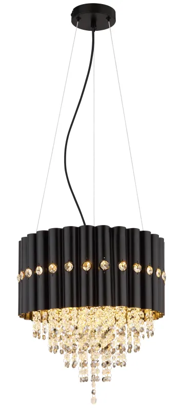 Eleos Ø40 Schwarz hängelampe Von Globo Lighting - Med en stomme i matt svartlackerad metall och en lampsk&auml;rm i samma nyans sm&auml;lter den harmoniskt in i b&aring;de moderna och klassiska interi&ouml;rer.