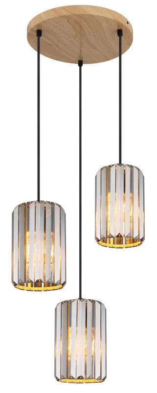 Run Ø35 Rauchfarben hängelampe Von Globo Lighting - Kombinationen av metall i tr&auml;utseende och de tre sk&auml;rmarna med r&ouml;kf&auml;rgade K5-kristaller ger en harmonisk ljusspridning och en sofistikerad k&auml;nsla.