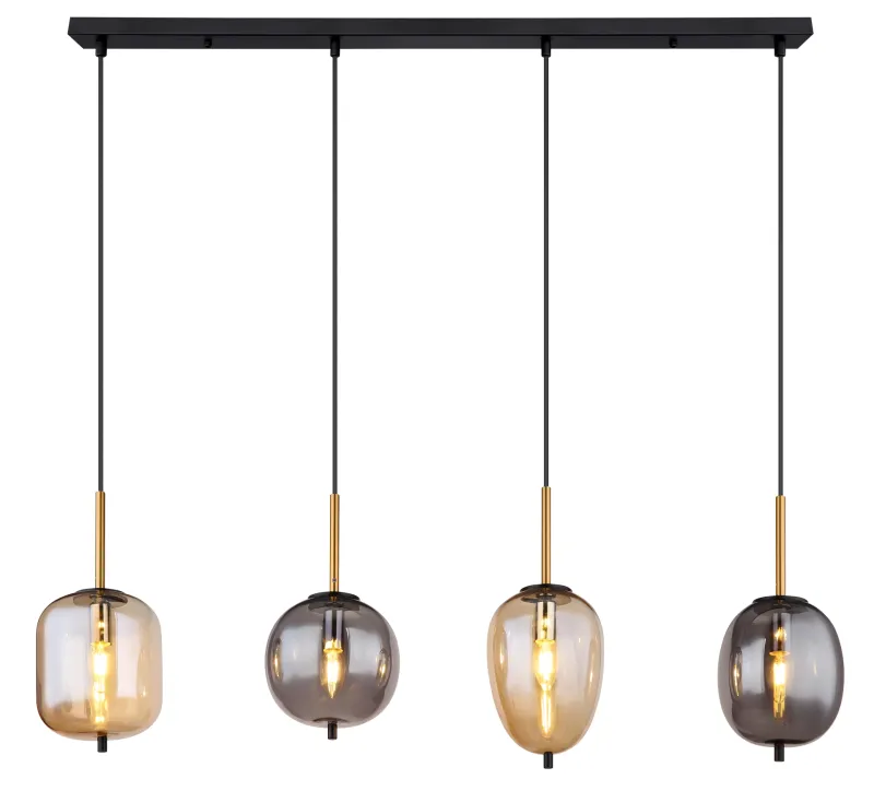 Blacky 110cm Bernstein hängelampe Von Globo Lighting - De fyra r&ouml;k- och amberf&auml;rgade glasgloberna i olika former h&auml;nger fr&aring;n en svart, rektangul&auml;r takplatta och kan justeras upp till 120 cm fr&aring;n taket.