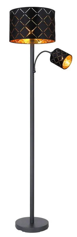 Sunna Schwarz stehlampe Von Globo Lighting - Den runda stommen i h&ouml;gkvalitativ svart metall ger stabilitet och tidl&ouml;s charm, medan den svarta lampsk&auml;rmen i sammet med dekorativa utsk&auml;rningar tillf&ouml;r en lyxig k&auml;nsla och skapar ett fascinerande ljusspel.