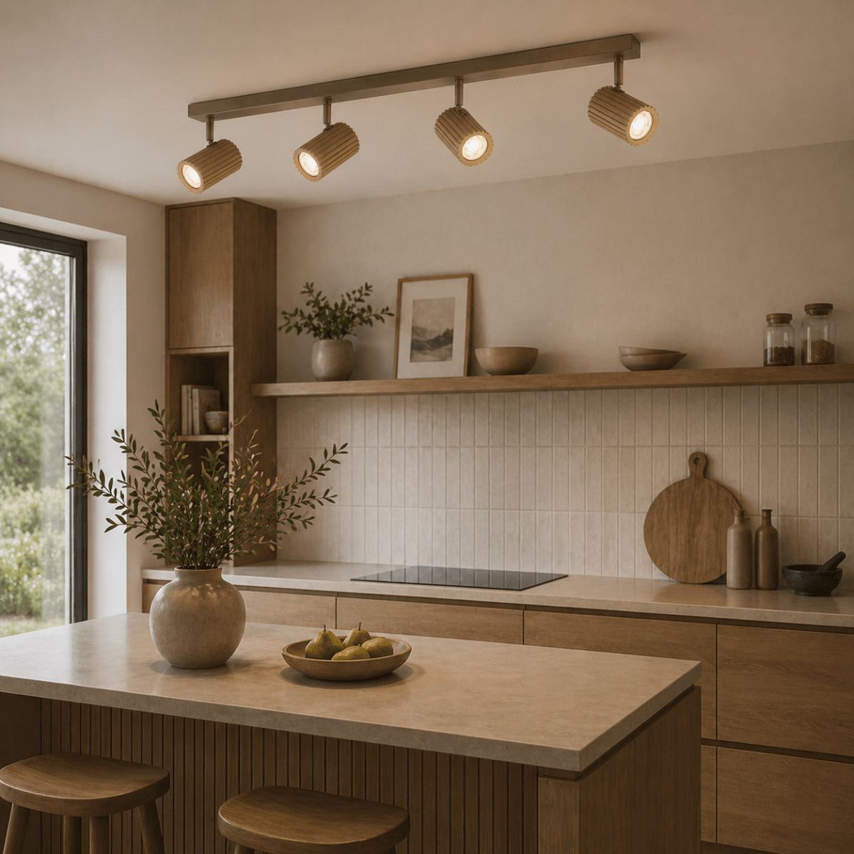 Lakewood 4 Braun spotlight Von Brilliant - Der Deckenstrahler Lakewood kombiniert braunes Metall mit hellem, geriffeltem Holz und verleiht der Leuchte so eine warme und stilvolle Optik.