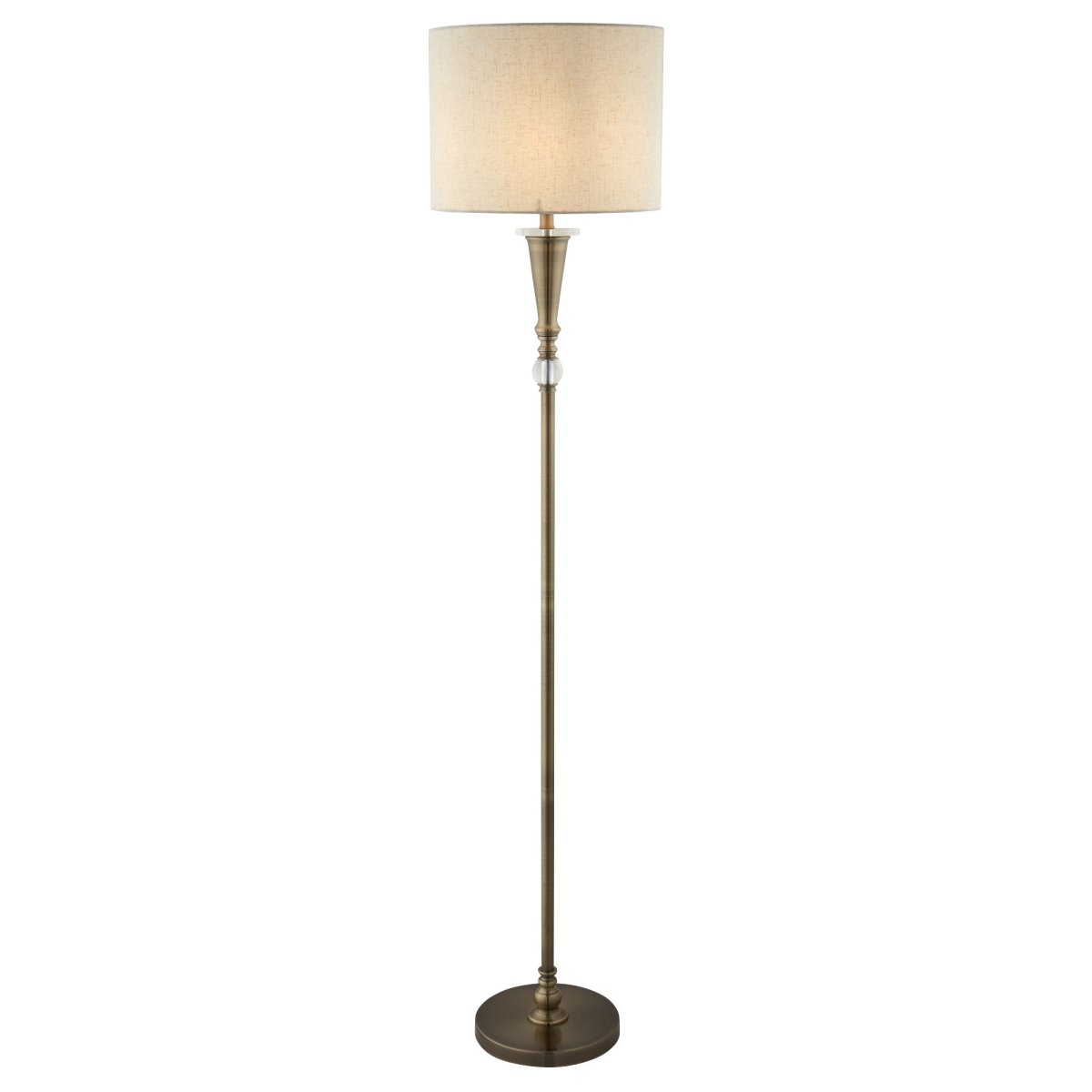 Oscar Antikes Messing stehlampe Von Searchlight - Mit seinem antiken Messing-Finish und dem wunderschönen, von Leinen inspirierten Schirm erzeugt es ein warmes und weiches Licht, das zu einer einladenden Atmosphäre beiträgt.