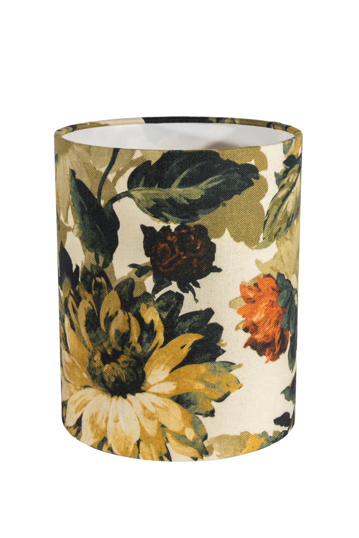Lampshade Cylinder Sunflower Ø22 Mehrfarbig Von Alde & Lind - Der Stoff ist in satten Herbsttönen wie Grün, Gelb, Orange und Braun gehalten, was dem Schirm eine warme und ausdrucksstarke Ausstrahlung verleiht.