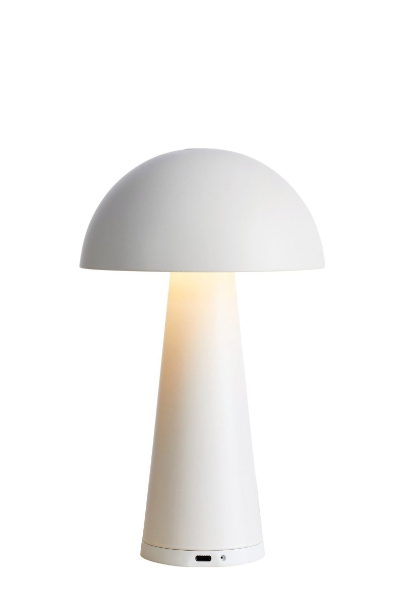 Fungi 26cm Weiß tragbare Von Markslöjd - Fungi ist eine stilvolle und tragbare Tischlampe aus mattweißem Metall, die sowohl für den Innen- als auch für den Außenbereich konzipiert ist.
