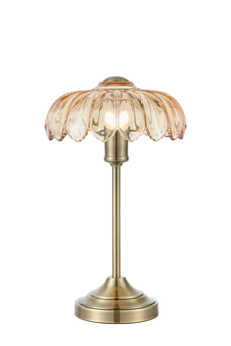 Kurage 43cm Antikmessing/Bernstein tischlampe Von Markslöjd - Klassische Tischleuchte mit Sockel in Antikmessing-Optik und dekorativem, bernsteinfarbenem Glasschirm.