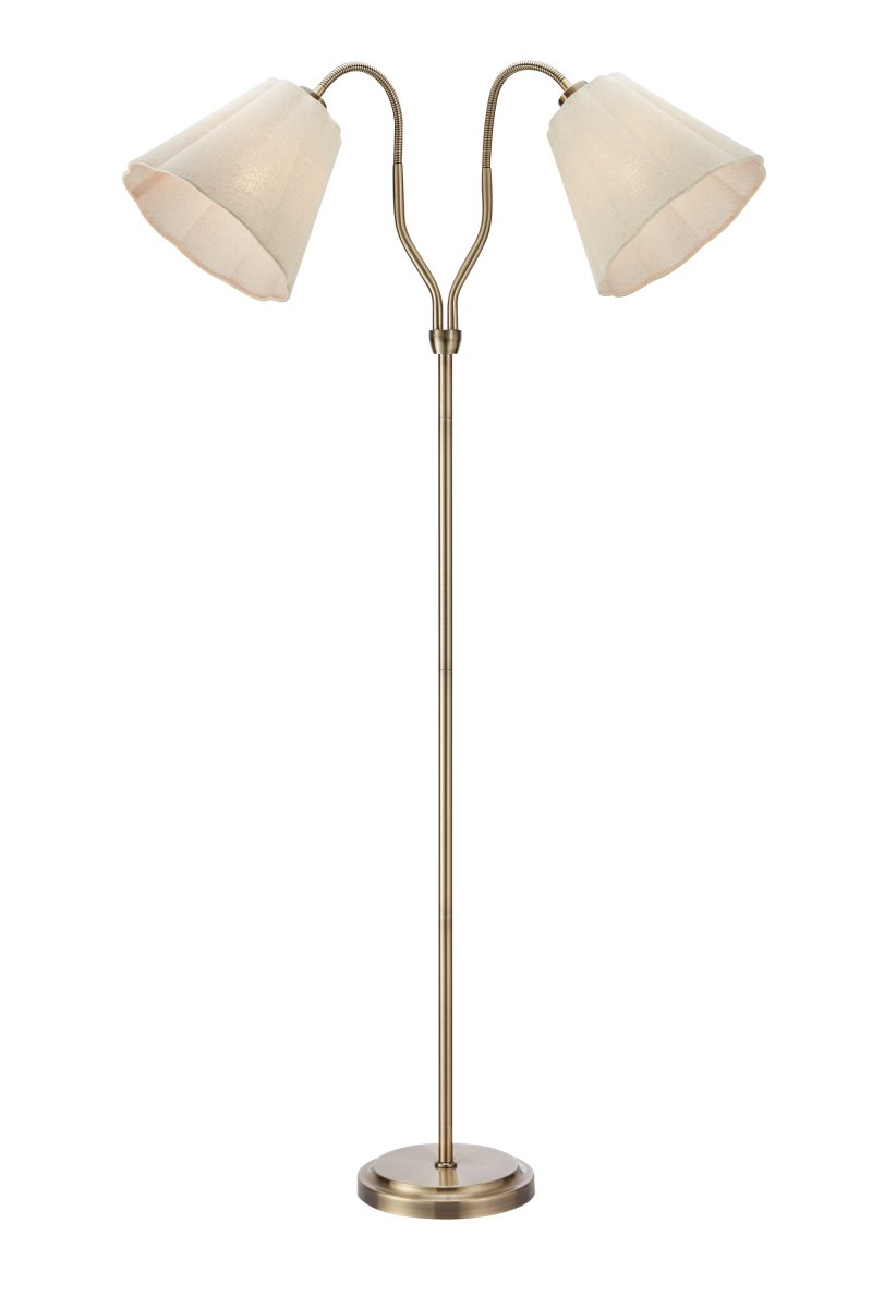 Veya 2 Antikmessing stehlampe Von Markslöjd - Der Lampenfu&szlig; in Antikmessing-Optik harmoniert perfekt mit den beiden beigefarbenen Textilschirmen, die ein sanftes und angenehmes Licht spenden.